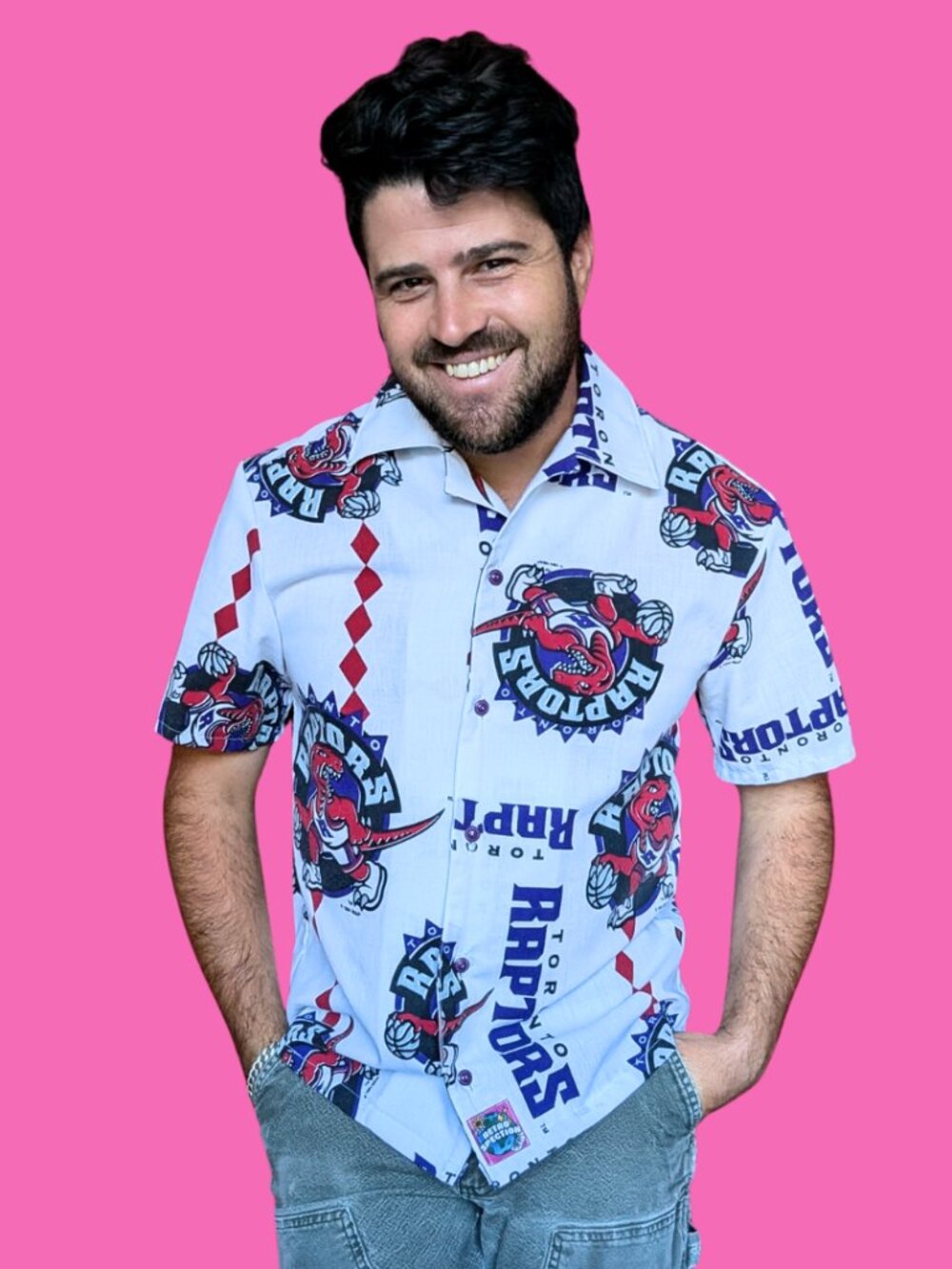 Handmade, Upcycled Toronto Raptors Bedsheet Button Down Shirt Size S